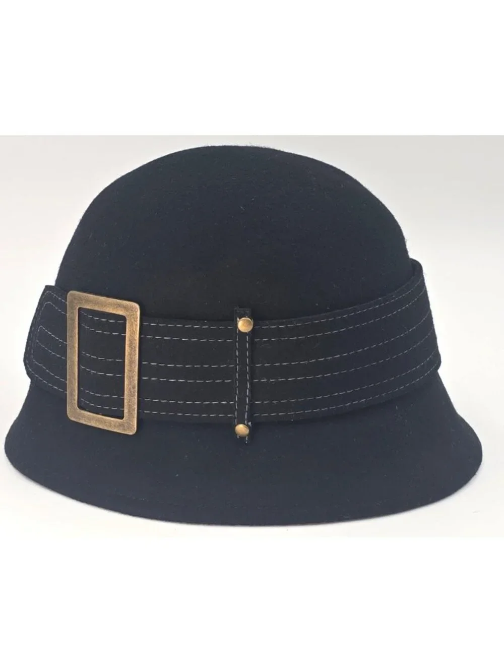 Scala Collezione Black Wool Cloche Hat Handcrafted Brass Buckle Stitching One Sz